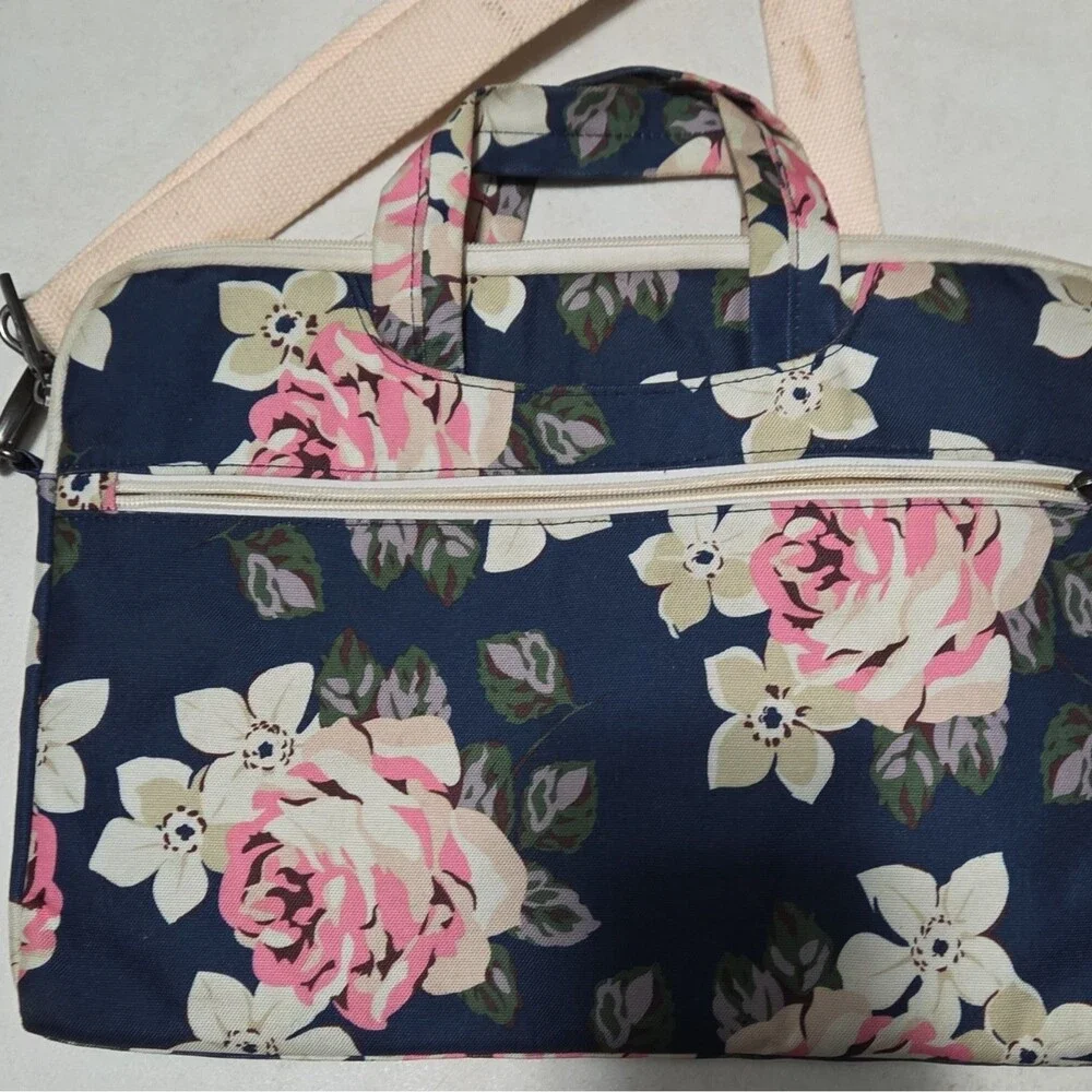 Canvaslife Floral Laptop Bag Messenger Case Sleeve Padded Navy Pink Crossbody